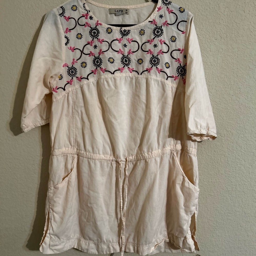 L.A.M.B. Cream Tunic with Pink & Black Embroidered Yoke